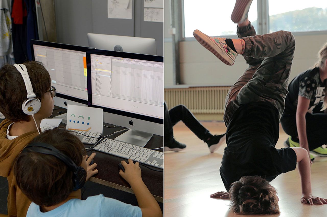 Doppelbild: Kids mit Kopfhörer am Computer und Kind das einen Kopfstand macht