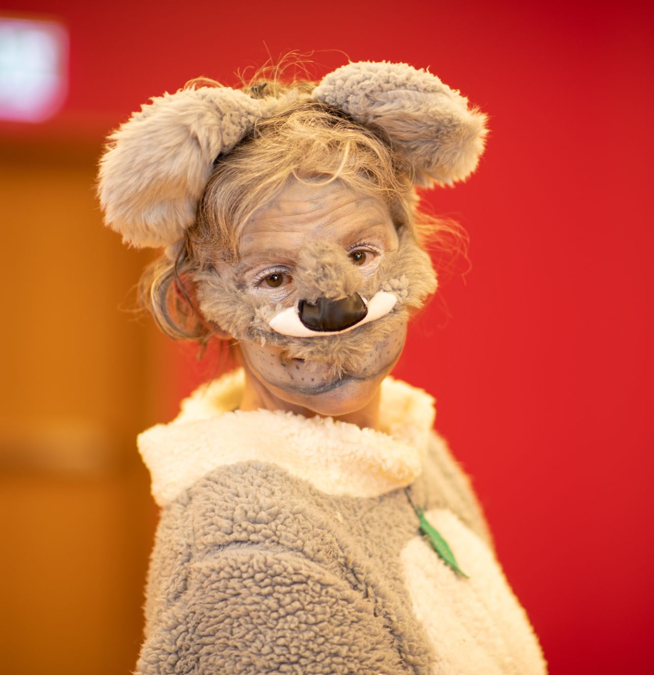 Eine Person im Bärenkostüm blickt in die Kamera, der Hintergrund ist rot. 